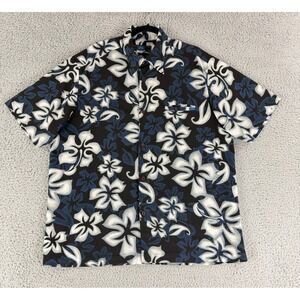 Rusty Button Up Shirt Mens XL Black Blue Floral Hibiscus Tropical Surf Shirt